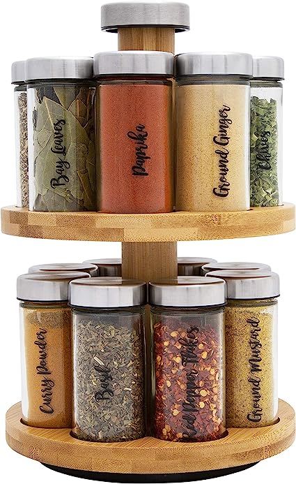 Stainless Steel Revolving Spice Rack 16 Glass Jars Bottles Shakers -  Kitchen Countertop Herbs Spices Seasoning Storage Organizer 